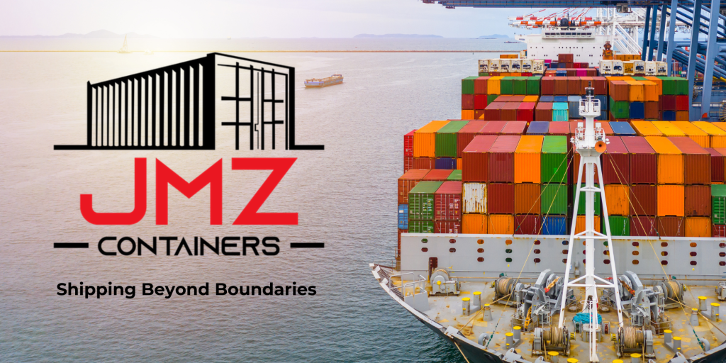 JMZ Logo on Shipping container cargo ship and ocean behind